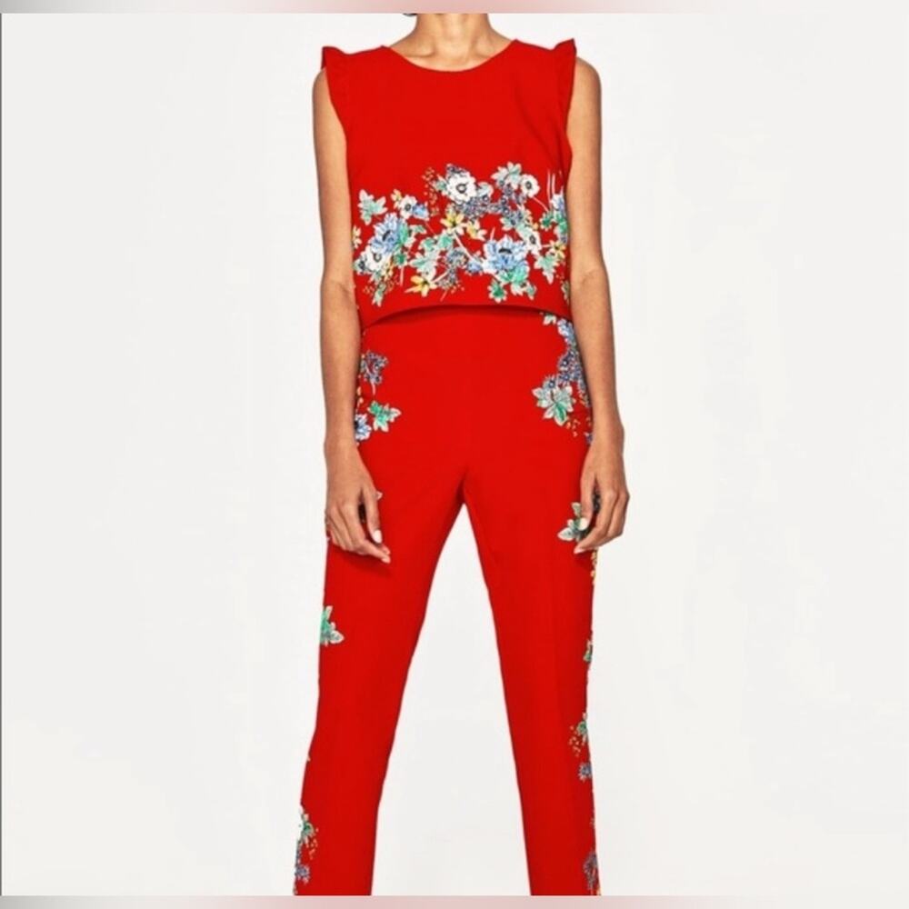 Zara Red Floral Hi arise Crop Pants Size XS Red - Picture 3 of 12